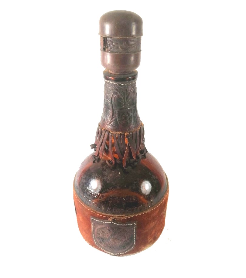 BOTELLA ARTESANAL RETRO, CUERO, CALENDARIO MAYA 1970s