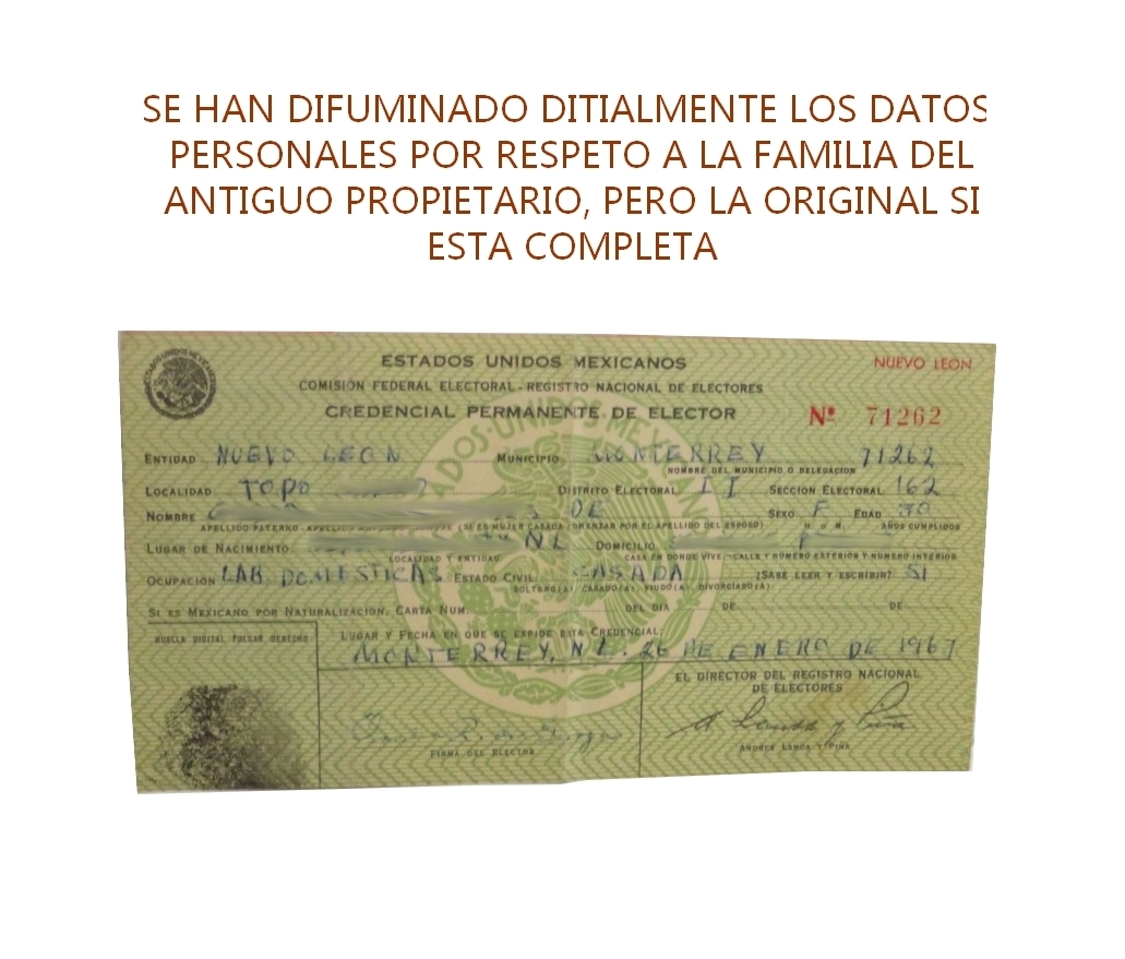 ANTIGUA CREDENCIAL DE ELECTOR 1967 MEX.