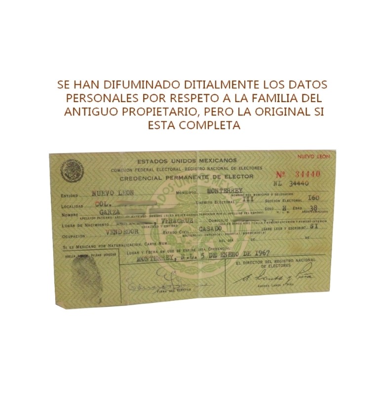 ANTIGUA CREDENCIAL DE ELECTOR 1967 MEXICO