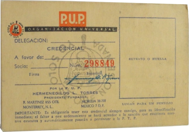 ANTIGUA CREDENCIAL DEL PARTIDO P.U.P AÑOS 60s - Image 3