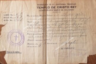 DOCUMENTO ANTIGUO. FE DE BAUTISMO. TEMPLO CRISTO REY 1935 MONTERREY