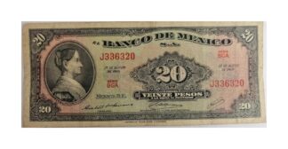 BILLETE ANTIGUO DE 2O PESOS JOSEFA ORTIZ 1969