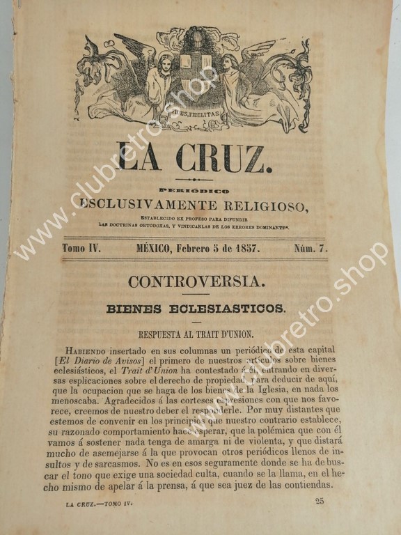 REVISTA ANTIGUA RELIGIOSA. LA CRUZ. 1857 EPOCA DE LA REFORMA. IGLESIA Vs ESTADO. - Image 3