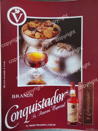 AFICHE PUBLICITARIO RETRO, BRANDY CONQUISTADOR 1980s