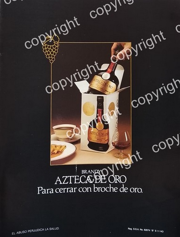 AFICHE PUBLICITARIO RETRO, BRANDY AZTECA DE ORO 1980s