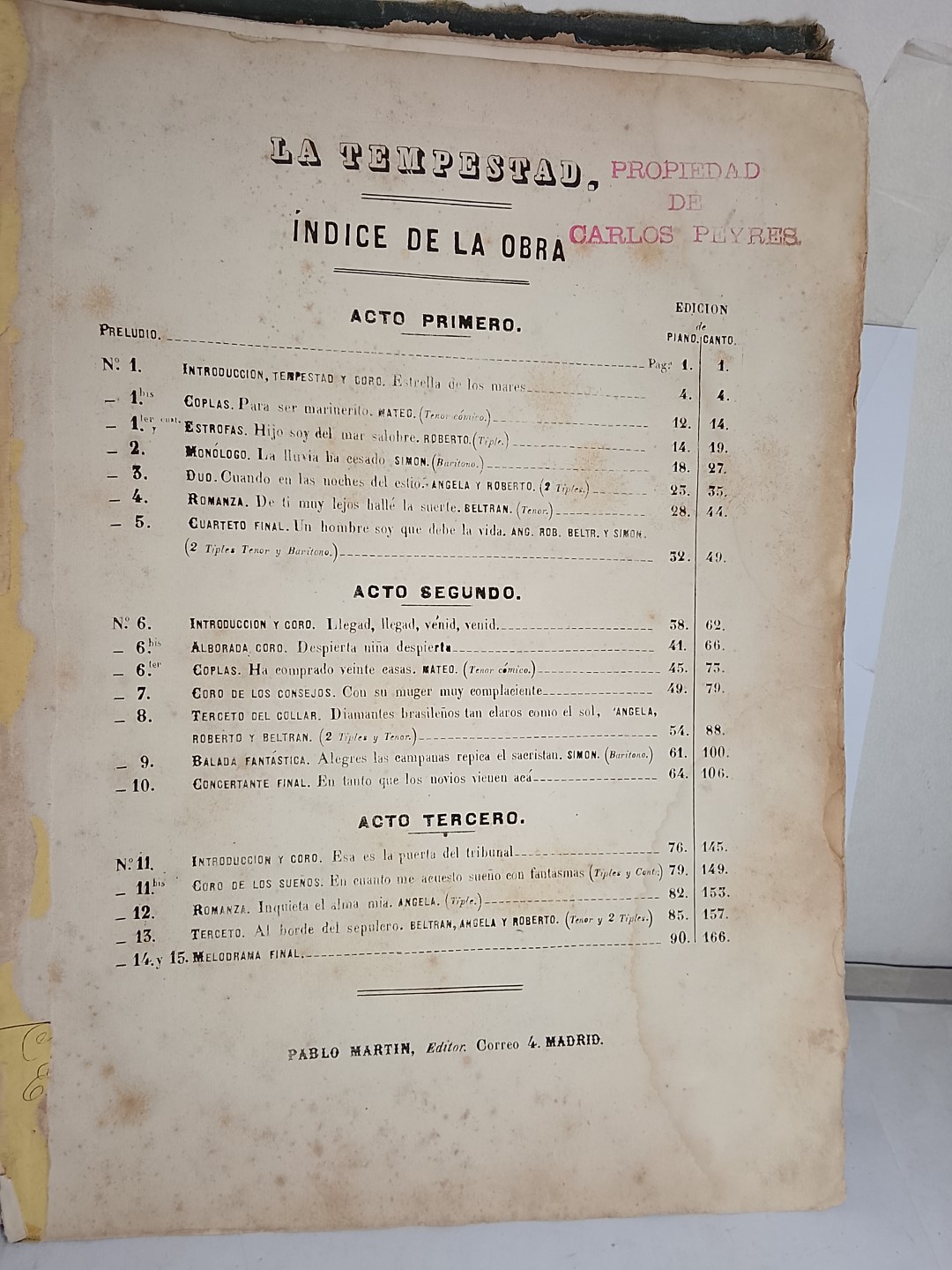 Partituras antiguas opera LA TEMPESTAD. Ca. 1888. Pertenecio a Carlos Peyres, con firmas - Image 5
