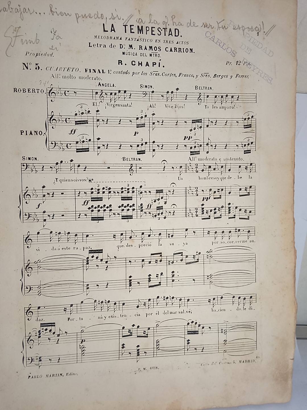 Partituras antiguas opera LA TEMPESTAD. Ca. 1888. Pertenecio a Carlos Peyres, con firmas - Image 10